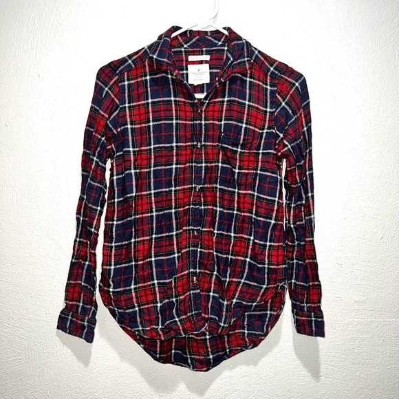 American Eagle Red Blue Plaid Long Sleeve Button Down Shirt - Picture 1 of 6